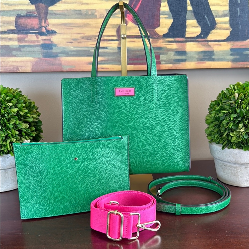 KATE SPADE ♠️ New York "Sam"💚GREEN BEAN💚MEDIUM SATCHEL BAG & POUCH🌟LIKE NEW🌟 - Picture 4 of 17